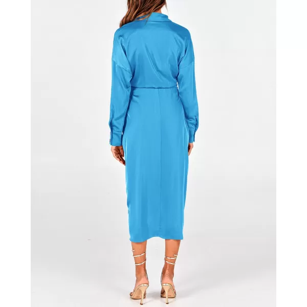 BTFBM Women Long Sleeve Satin Dress 2024 Summer Fall Lapel V Neck Button Down Belted Elegant Ruched Maxi Shirt DressesSolid Aqua Blue