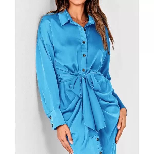 BTFBM Women Long Sleeve Satin Dress 2024 Summer Fall Lapel V Neck Button Down Belted Elegant Ruched Maxi Shirt DressesSolid Aqua Blue