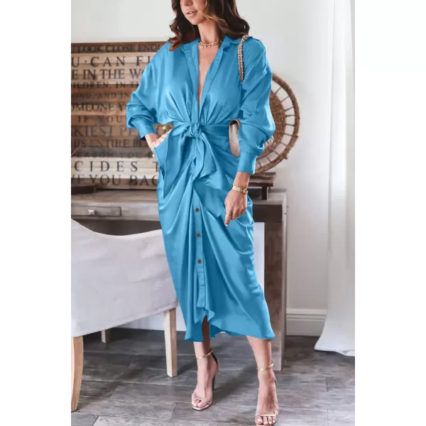 BTFBM Women Long Sleeve Satin Dress 2024 Summer Fall Lapel V Neck Button Down Belted Elegant Ruched Maxi Shirt DressesSolid Aqua Blue