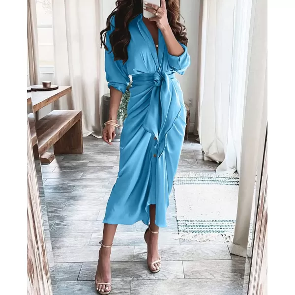 BTFBM Women Long Sleeve Satin Dress 2024 Summer Fall Lapel V Neck Button Down Belted Elegant Ruched Maxi Shirt DressesSolid Aqua Blue