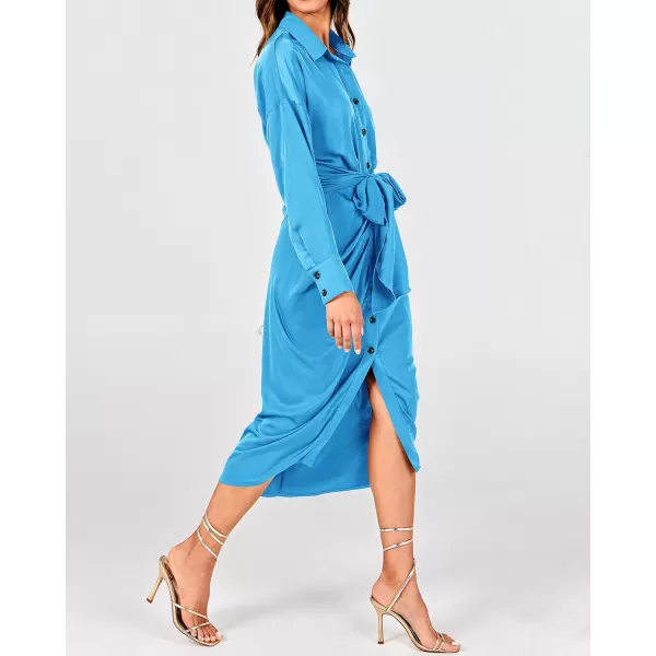 BTFBM Women Long Sleeve Satin Dress 2024 Summer Fall Lapel V Neck Button Down Belted Elegant Ruched Maxi Shirt DressesSolid Aqua Blue