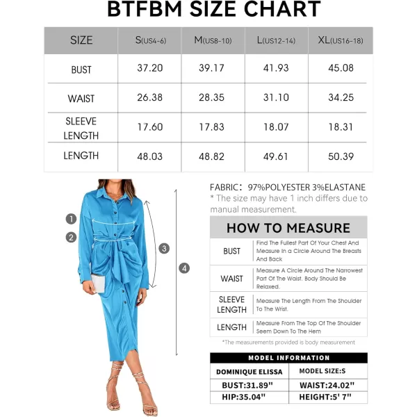 BTFBM Women Long Sleeve Satin Dress 2024 Summer Fall Lapel V Neck Button Down Belted Elegant Ruched Maxi Shirt DressesSolid Aqua Blue