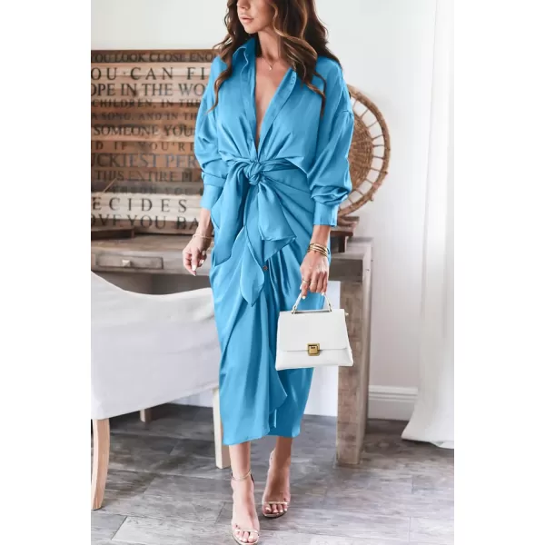 BTFBM Women Long Sleeve Satin Dress 2024 Summer Fall Lapel V Neck Button Down Belted Elegant Ruched Maxi Shirt DressesSolid Aqua Blue