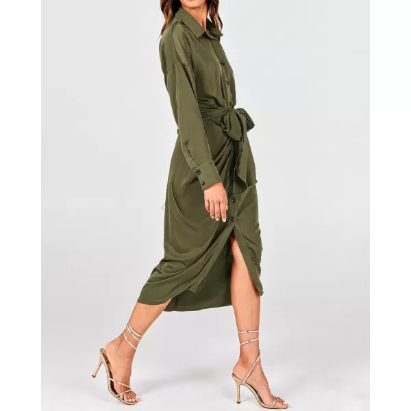 BTFBM Women Long Sleeve Satin Dress 2024 Summer Fall Lapel V Neck Button Down Belted Elegant Ruched Maxi Shirt DressesSolid Army Green
