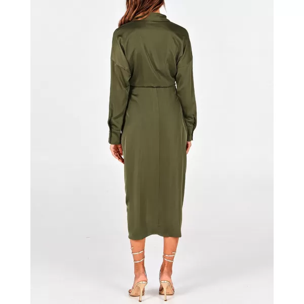 BTFBM Women Long Sleeve Satin Dress 2024 Summer Fall Lapel V Neck Button Down Belted Elegant Ruched Maxi Shirt DressesSolid Army Green