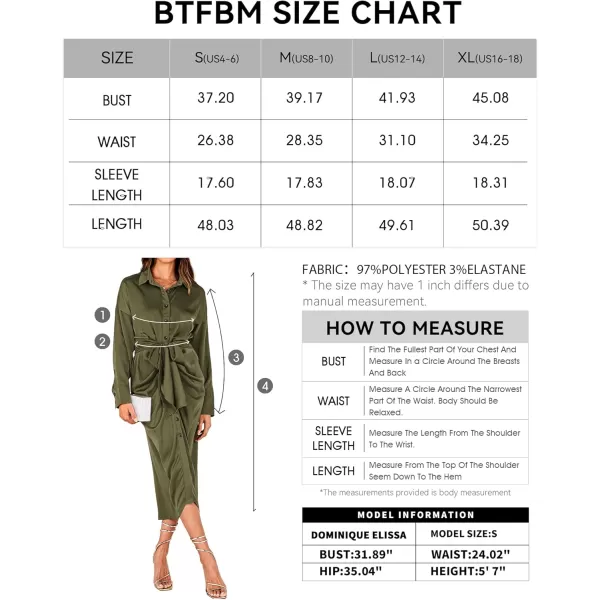 BTFBM Women Long Sleeve Satin Dress 2024 Summer Fall Lapel V Neck Button Down Belted Elegant Ruched Maxi Shirt DressesSolid Army Green