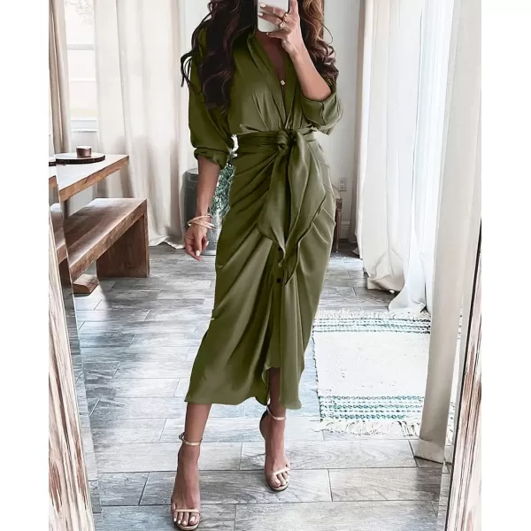 BTFBM Women Long Sleeve Satin Dress 2024 Summer Fall Lapel V Neck Button Down Belted Elegant Ruched Maxi Shirt DressesSolid Army Green