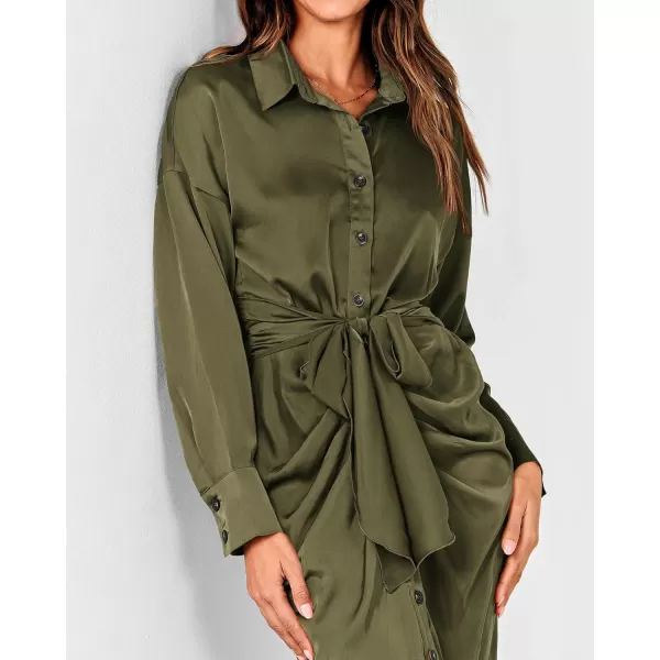 BTFBM Women Long Sleeve Satin Dress 2024 Summer Fall Lapel V Neck Button Down Belted Elegant Ruched Maxi Shirt DressesSolid Army Green