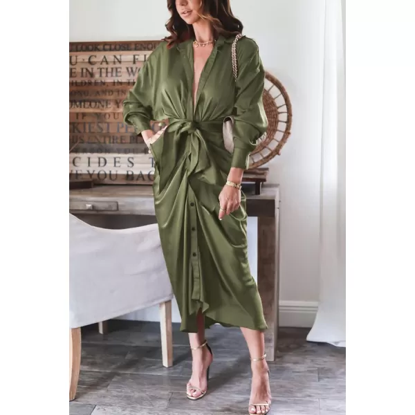 BTFBM Women Long Sleeve Satin Dress 2024 Summer Fall Lapel V Neck Button Down Belted Elegant Ruched Maxi Shirt DressesSolid Army Green