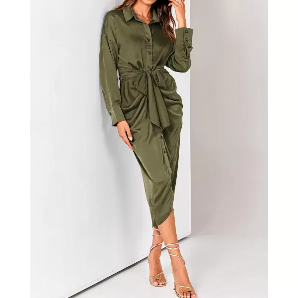 BTFBM Women Long Sleeve Satin Dress 2024 Summer Fall Lapel V Neck Button Down Belted Elegant Ruched Maxi Shirt DressesSolid Army Green