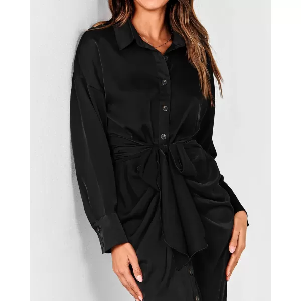 BTFBM Women Long Sleeve Satin Dress 2024 Summer Fall Lapel V Neck Button Down Belted Elegant Ruched Maxi Shirt DressesSolid Black