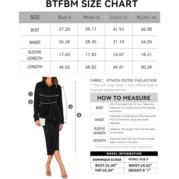 BTFBM Women Long Sleeve Satin Dress 2024 Summer Fall Lapel V Neck Button Down Belted Elegant Ruched Maxi Shirt DressesSolid Black