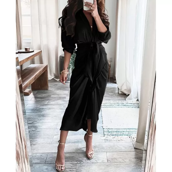 BTFBM Women Long Sleeve Satin Dress 2024 Summer Fall Lapel V Neck Button Down Belted Elegant Ruched Maxi Shirt DressesSolid Black