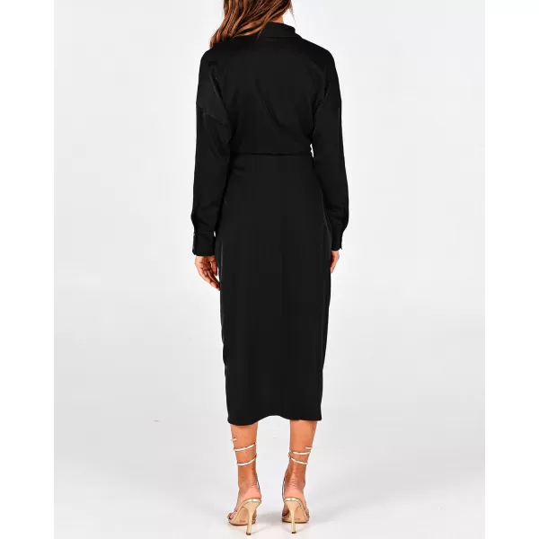 BTFBM Women Long Sleeve Satin Dress 2024 Summer Fall Lapel V Neck Button Down Belted Elegant Ruched Maxi Shirt DressesSolid Black