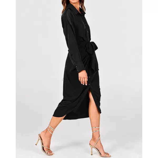 BTFBM Women Long Sleeve Satin Dress 2024 Summer Fall Lapel V Neck Button Down Belted Elegant Ruched Maxi Shirt DressesSolid Black