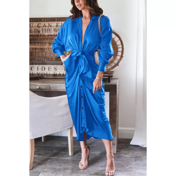 BTFBM Women Long Sleeve Satin Dress 2024 Summer Fall Lapel V Neck Button Down Belted Elegant Ruched Maxi Shirt DressesSolid Brilliant Blue