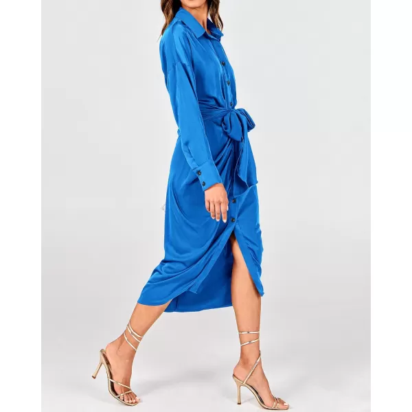 BTFBM Women Long Sleeve Satin Dress 2024 Summer Fall Lapel V Neck Button Down Belted Elegant Ruched Maxi Shirt DressesSolid Brilliant Blue