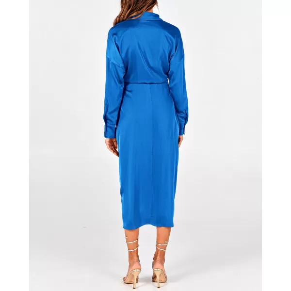 BTFBM Women Long Sleeve Satin Dress 2024 Summer Fall Lapel V Neck Button Down Belted Elegant Ruched Maxi Shirt DressesSolid Brilliant Blue