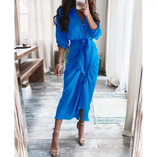 BTFBM Women Long Sleeve Satin Dress 2024 Summer Fall Lapel V Neck Button Down Belted Elegant Ruched Maxi Shirt DressesSolid Brilliant Blue