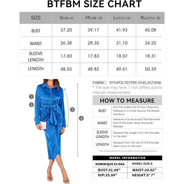 BTFBM Women Long Sleeve Satin Dress 2024 Summer Fall Lapel V Neck Button Down Belted Elegant Ruched Maxi Shirt DressesSolid Brilliant Blue