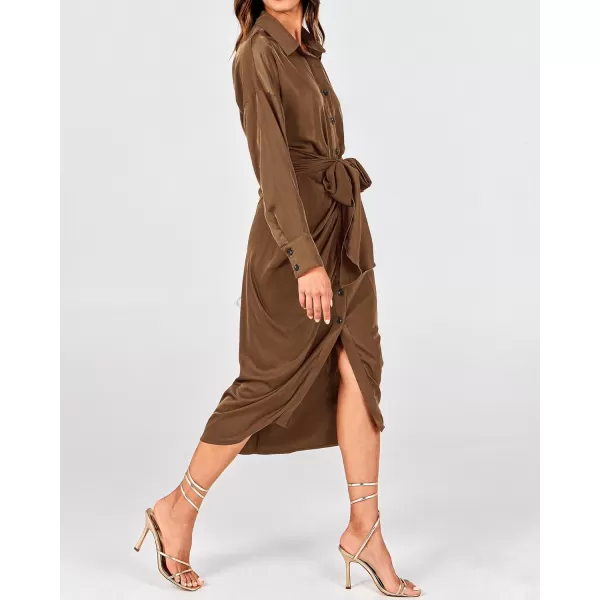BTFBM Women Long Sleeve Satin Dress 2024 Summer Fall Lapel V Neck Button Down Belted Elegant Ruched Maxi Shirt DressesSolid Dark Brown