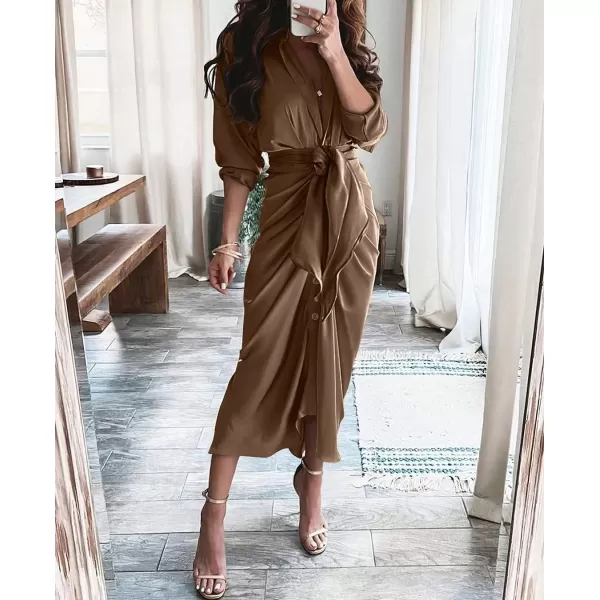 BTFBM Women Long Sleeve Satin Dress 2024 Summer Fall Lapel V Neck Button Down Belted Elegant Ruched Maxi Shirt DressesSolid Dark Brown