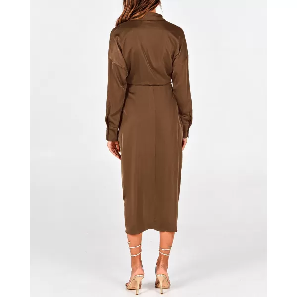 BTFBM Women Long Sleeve Satin Dress 2024 Summer Fall Lapel V Neck Button Down Belted Elegant Ruched Maxi Shirt DressesSolid Dark Brown