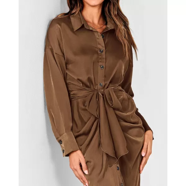 BTFBM Women Long Sleeve Satin Dress 2024 Summer Fall Lapel V Neck Button Down Belted Elegant Ruched Maxi Shirt DressesSolid Dark Brown