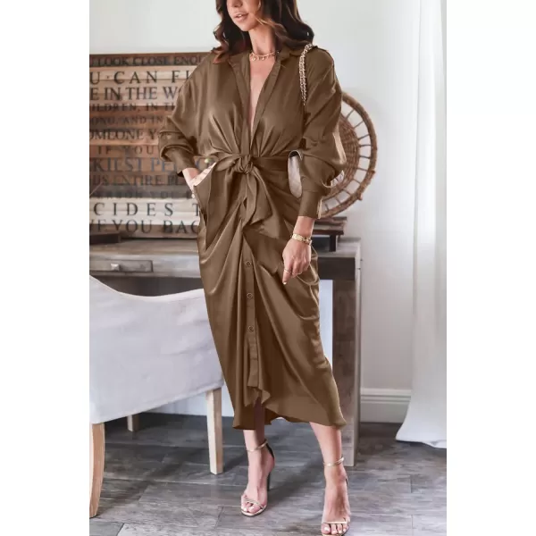 BTFBM Women Long Sleeve Satin Dress 2024 Summer Fall Lapel V Neck Button Down Belted Elegant Ruched Maxi Shirt DressesSolid Dark Brown