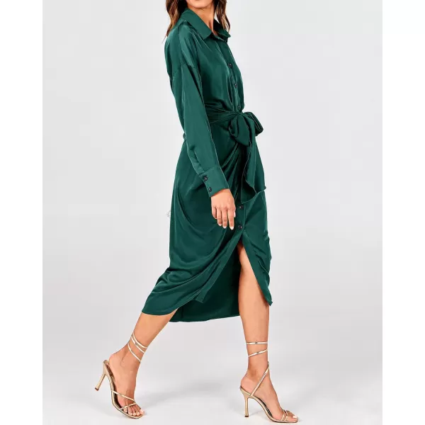 BTFBM Women Long Sleeve Satin Dress 2024 Summer Fall Lapel V Neck Button Down Belted Elegant Ruched Maxi Shirt DressesSolid Dark Green