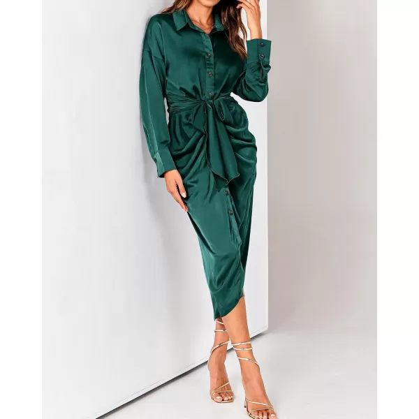 BTFBM Women Long Sleeve Satin Dress 2024 Summer Fall Lapel V Neck Button Down Belted Elegant Ruched Maxi Shirt DressesSolid Dark Green