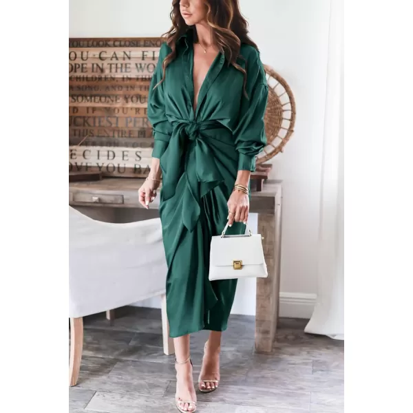 BTFBM Women Long Sleeve Satin Dress 2024 Summer Fall Lapel V Neck Button Down Belted Elegant Ruched Maxi Shirt DressesSolid Dark Green