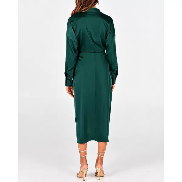 BTFBM Women Long Sleeve Satin Dress 2024 Summer Fall Lapel V Neck Button Down Belted Elegant Ruched Maxi Shirt DressesSolid Dark Green