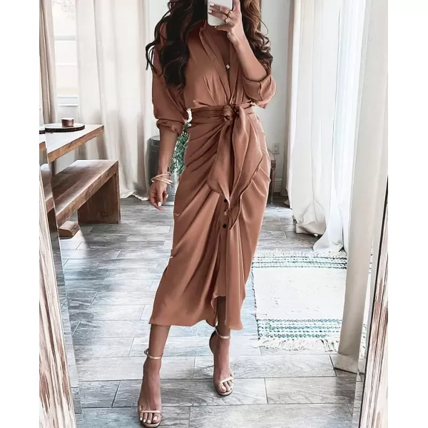 BTFBM Women Long Sleeve Satin Dress 2024 Summer Fall Lapel V Neck Button Down Belted Elegant Ruched Maxi Shirt DressesSolid Dark Khaki