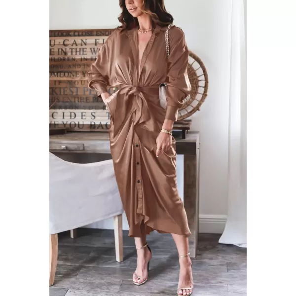 BTFBM Women Long Sleeve Satin Dress 2024 Summer Fall Lapel V Neck Button Down Belted Elegant Ruched Maxi Shirt DressesSolid Dark Khaki