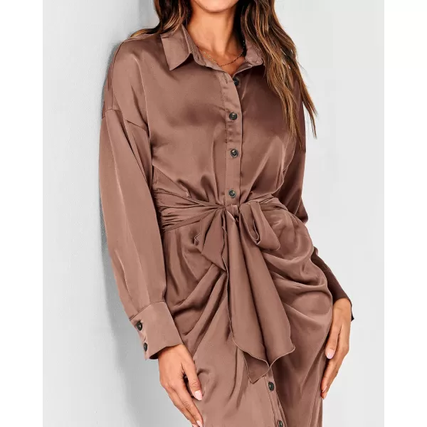 BTFBM Women Long Sleeve Satin Dress 2024 Summer Fall Lapel V Neck Button Down Belted Elegant Ruched Maxi Shirt DressesSolid Dark Khaki