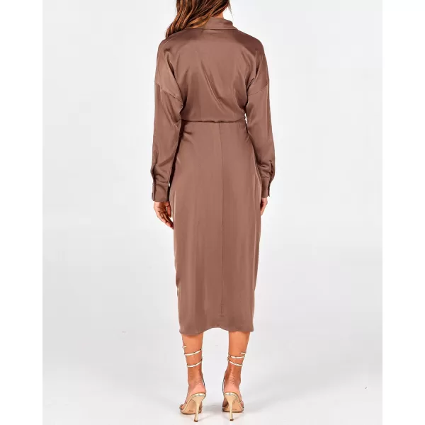 BTFBM Women Long Sleeve Satin Dress 2024 Summer Fall Lapel V Neck Button Down Belted Elegant Ruched Maxi Shirt DressesSolid Dark Khaki