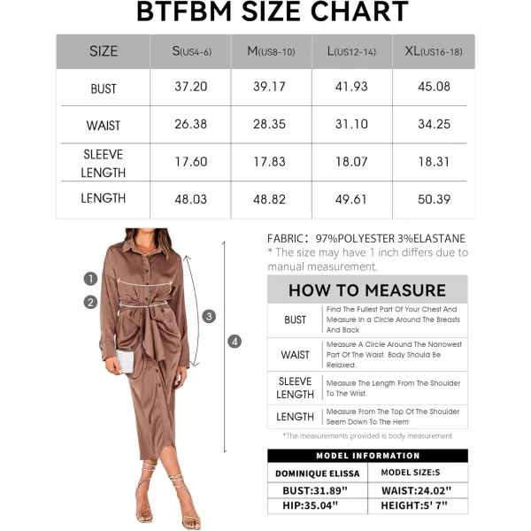 BTFBM Women Long Sleeve Satin Dress 2024 Summer Fall Lapel V Neck Button Down Belted Elegant Ruched Maxi Shirt DressesSolid Dark Khaki