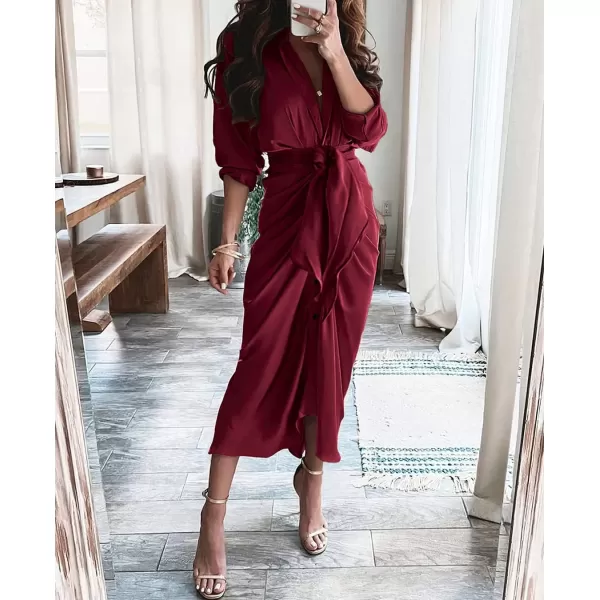 BTFBM Women Long Sleeve Satin Dress 2024 Summer Fall Lapel V Neck Button Down Belted Elegant Ruched Maxi Shirt DressesSolid Dark Wine Red