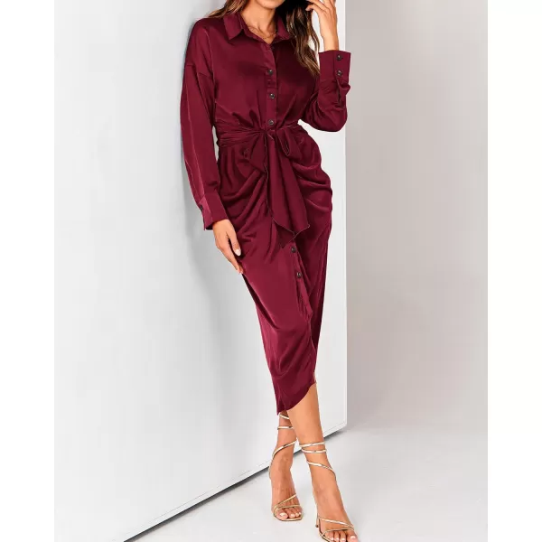 BTFBM Women Long Sleeve Satin Dress 2024 Summer Fall Lapel V Neck Button Down Belted Elegant Ruched Maxi Shirt DressesSolid Dark Wine Red