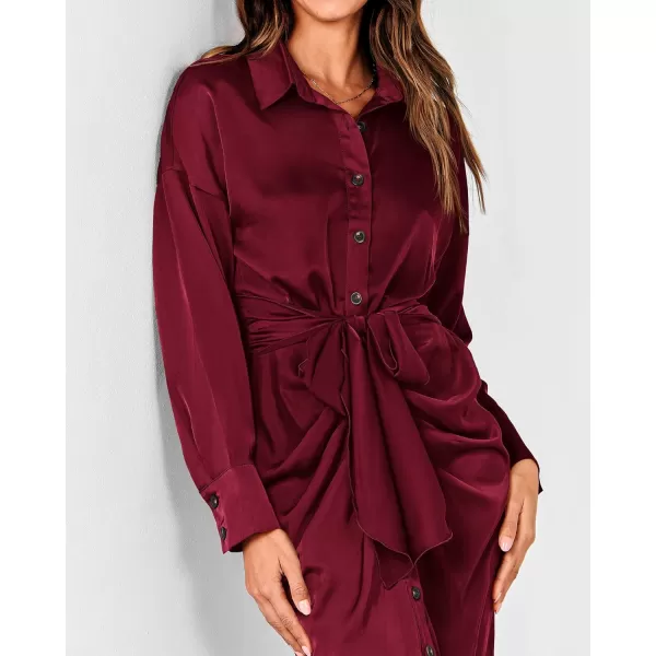 BTFBM Women Long Sleeve Satin Dress 2024 Summer Fall Lapel V Neck Button Down Belted Elegant Ruched Maxi Shirt DressesSolid Dark Wine Red