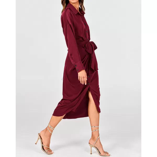 BTFBM Women Long Sleeve Satin Dress 2024 Summer Fall Lapel V Neck Button Down Belted Elegant Ruched Maxi Shirt DressesSolid Dark Wine Red