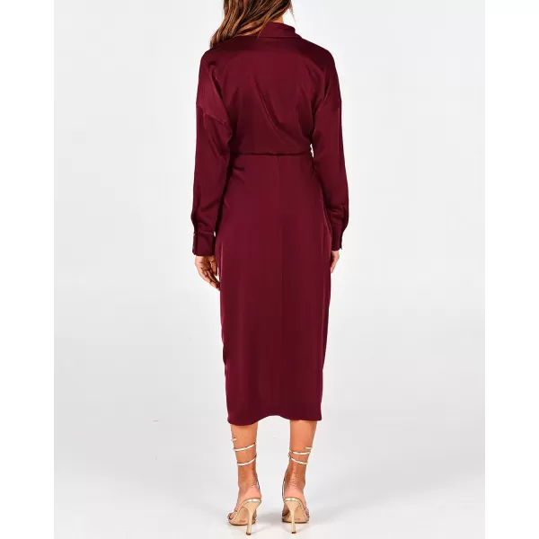 BTFBM Women Long Sleeve Satin Dress 2024 Summer Fall Lapel V Neck Button Down Belted Elegant Ruched Maxi Shirt DressesSolid Dark Wine Red