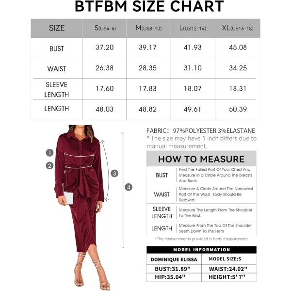 BTFBM Women Long Sleeve Satin Dress 2024 Summer Fall Lapel V Neck Button Down Belted Elegant Ruched Maxi Shirt DressesSolid Dark Wine Red