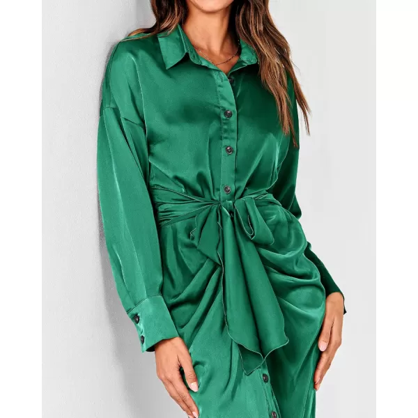 BTFBM Women Long Sleeve Satin Dress 2024 Summer Fall Lapel V Neck Button Down Belted Elegant Ruched Maxi Shirt DressesSolid Deep Green