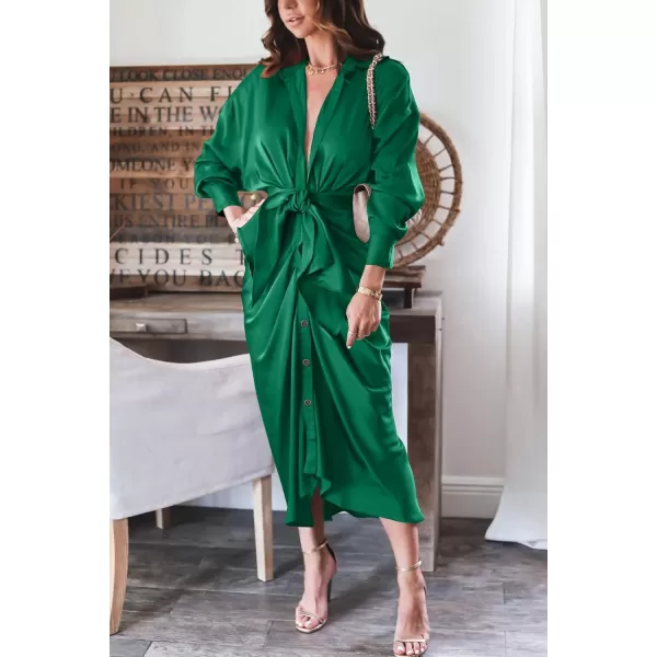 BTFBM Women Long Sleeve Satin Dress 2024 Summer Fall Lapel V Neck Button Down Belted Elegant Ruched Maxi Shirt DressesSolid Deep Green