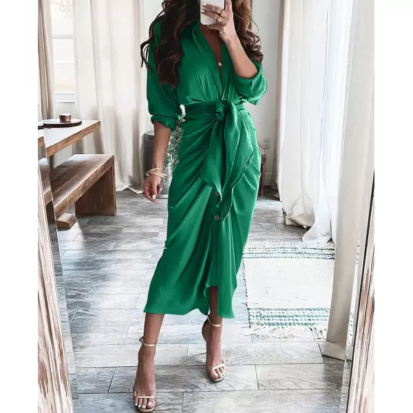 BTFBM Women Long Sleeve Satin Dress 2024 Summer Fall Lapel V Neck Button Down Belted Elegant Ruched Maxi Shirt DressesSolid Deep Green