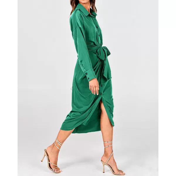 BTFBM Women Long Sleeve Satin Dress 2024 Summer Fall Lapel V Neck Button Down Belted Elegant Ruched Maxi Shirt DressesSolid Deep Green