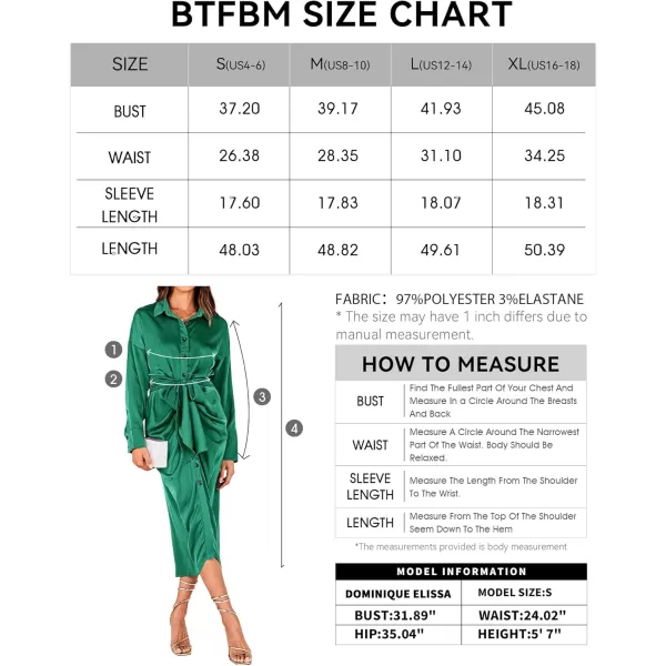 BTFBM Women Long Sleeve Satin Dress 2024 Summer Fall Lapel V Neck Button Down Belted Elegant Ruched Maxi Shirt DressesSolid Deep Green