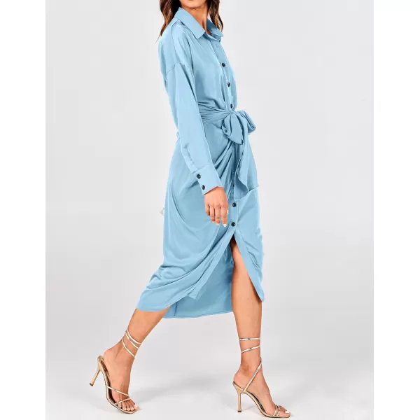 BTFBM Women Long Sleeve Satin Dress 2024 Summer Fall Lapel V Neck Button Down Belted Elegant Ruched Maxi Shirt DressesSolid Light Blue